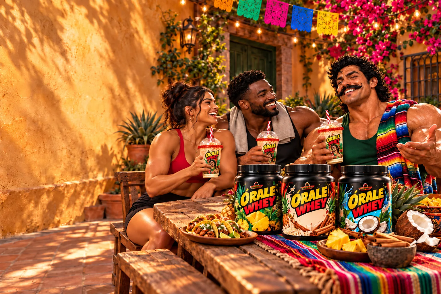 The Órale familia share original branded clear Órale Cups with red Creatahine rims and tacos in a colorful Mexican courtyard