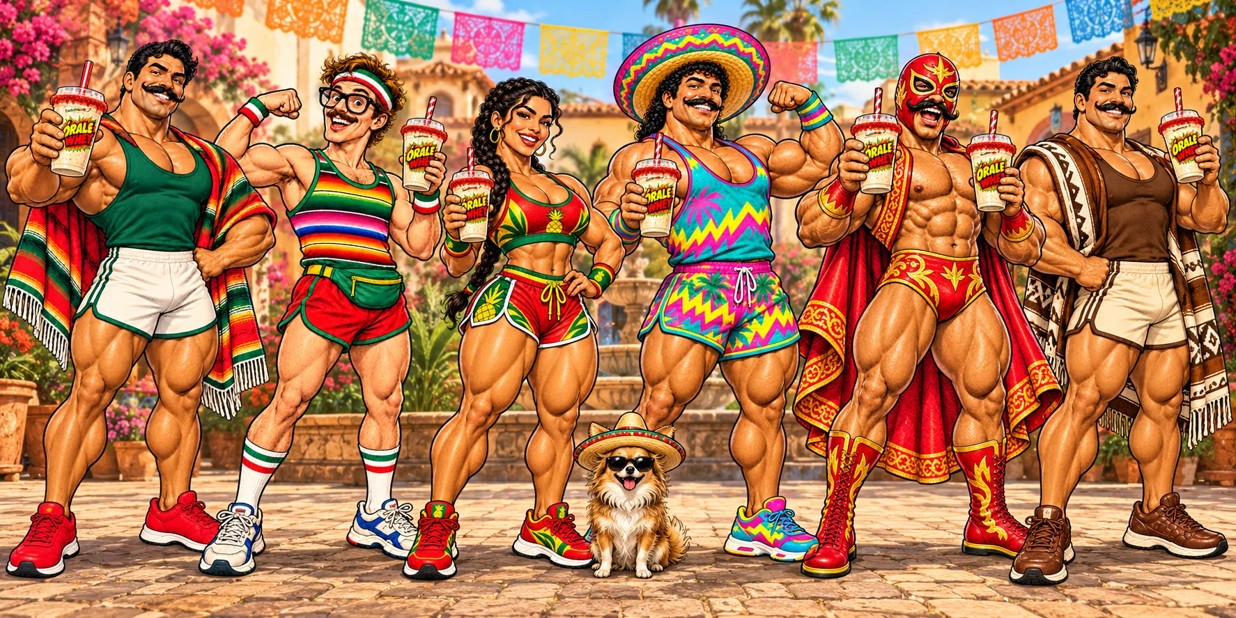 El Mero, Güero, La Piña, Coco Loco, El Luchador, and Don Café together with the original rimmed Órale Cups and their small sombrero dog
