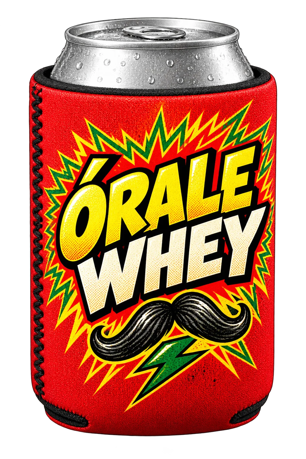 Branded can cooler with Órale Whey branding