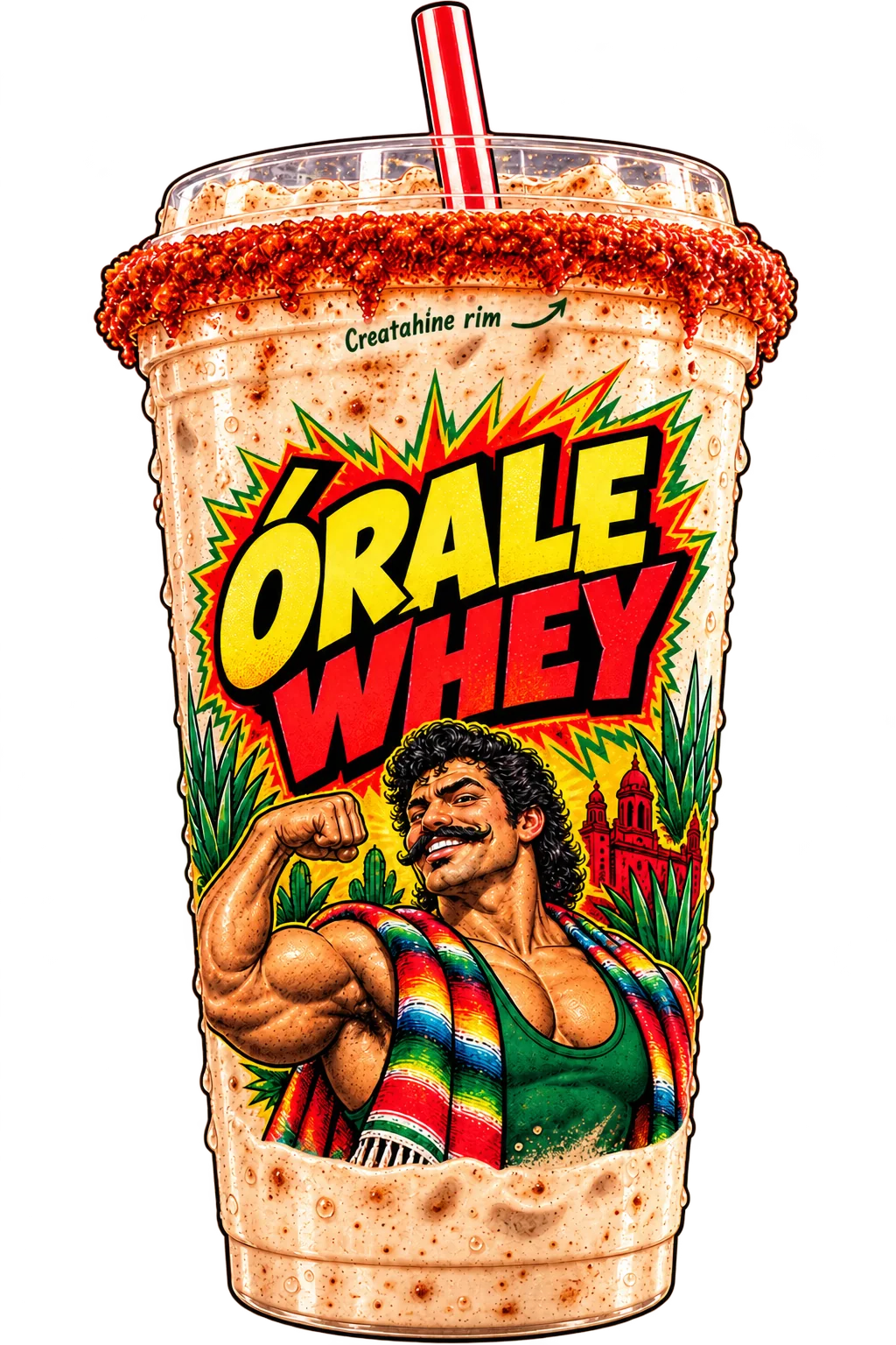The original clear Órale Cup with Órale Whey branding, a striped straw, and small Creatahine rim print pointing to the red rim
