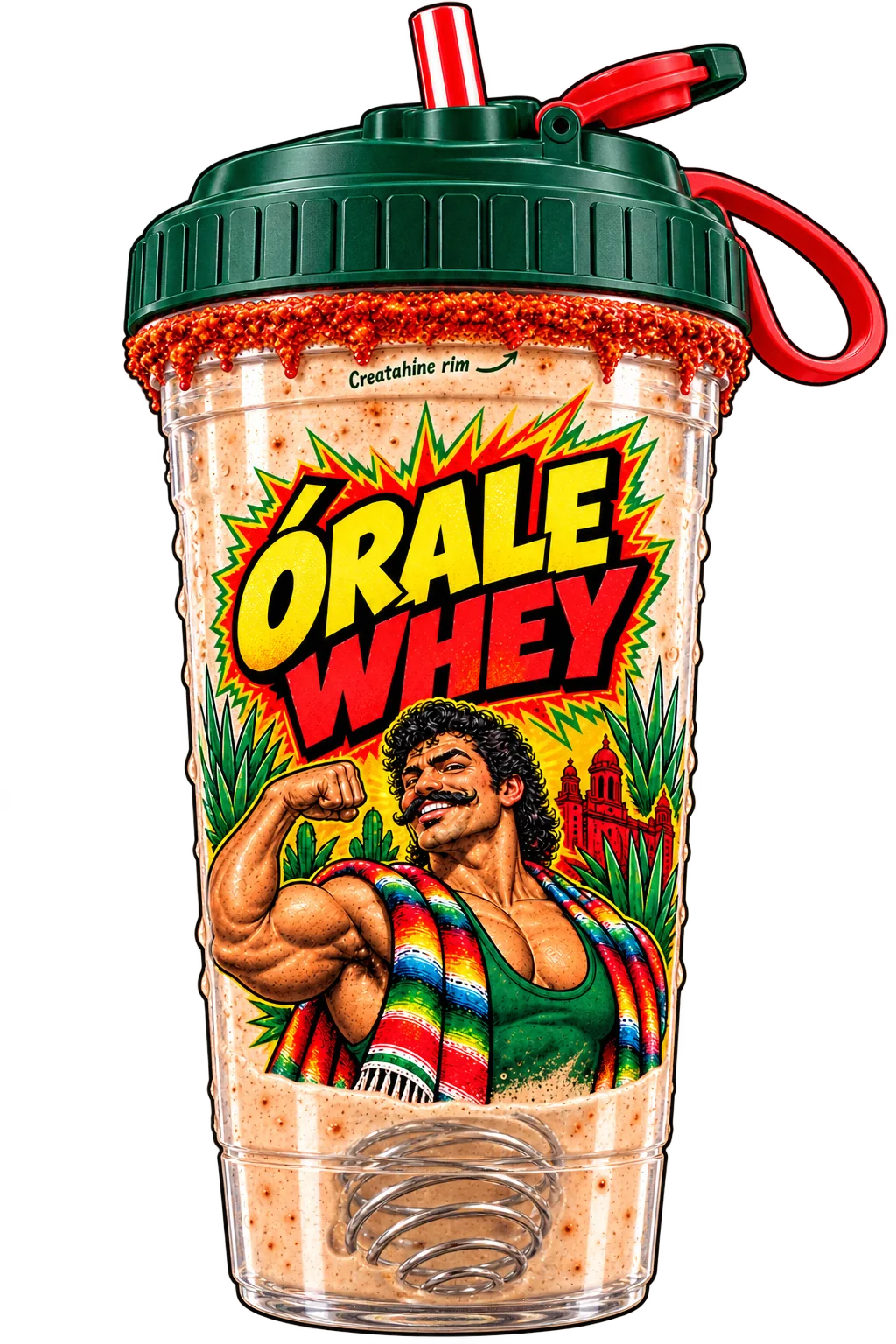 Reusable straw shaker with Órale Whey branding